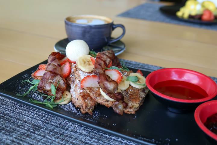 A breakfast platter and coffee