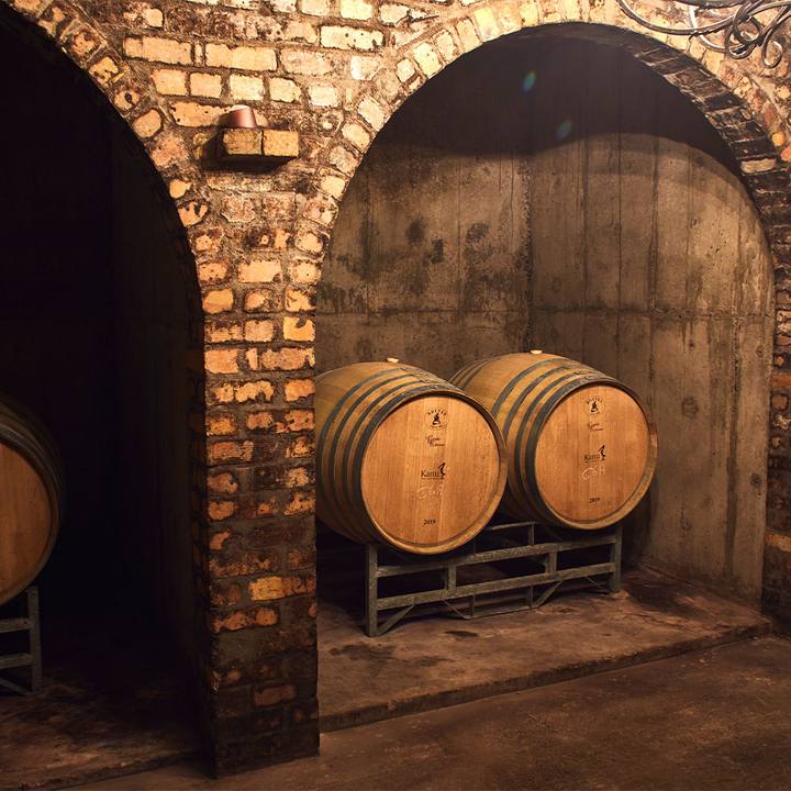 Brick archway with two oak barrels
