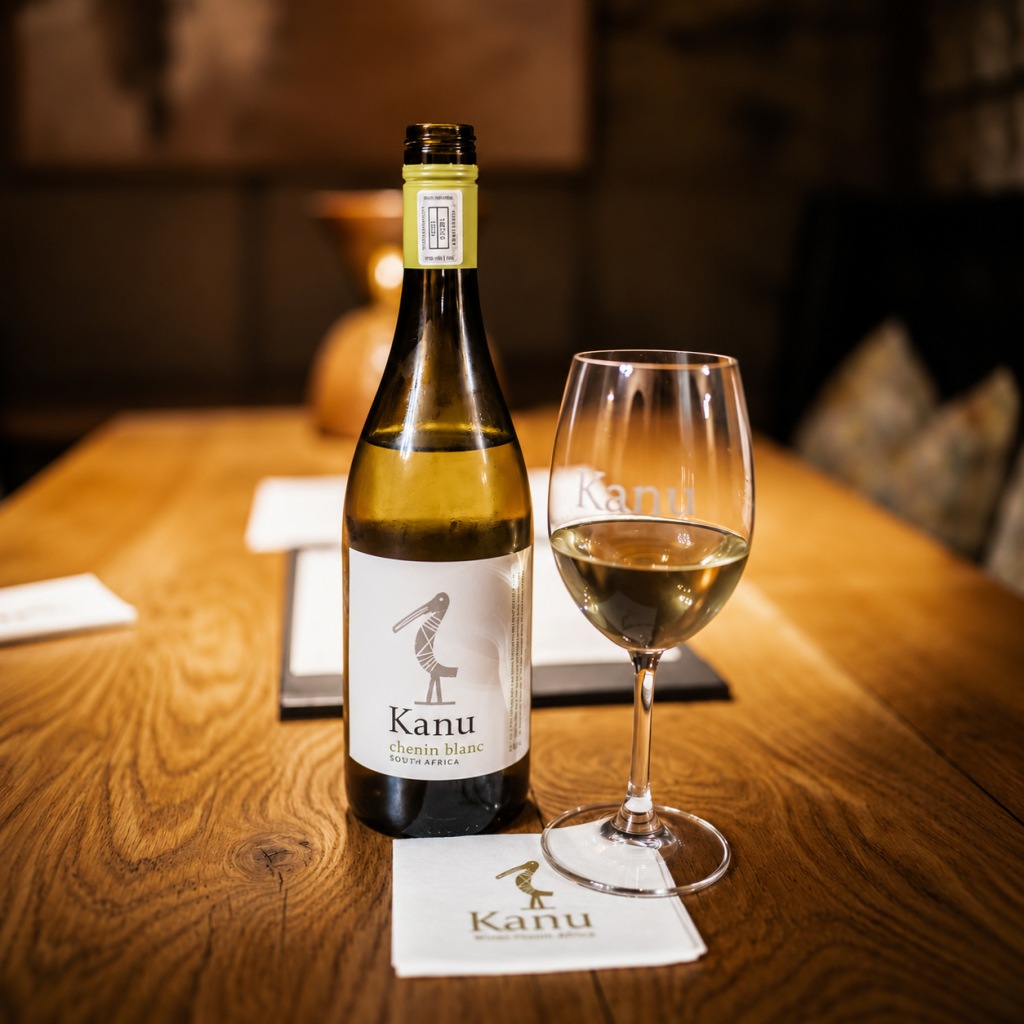 Kanu Chenin Blanc and a glass of white wine on a wooden table in the tasting room