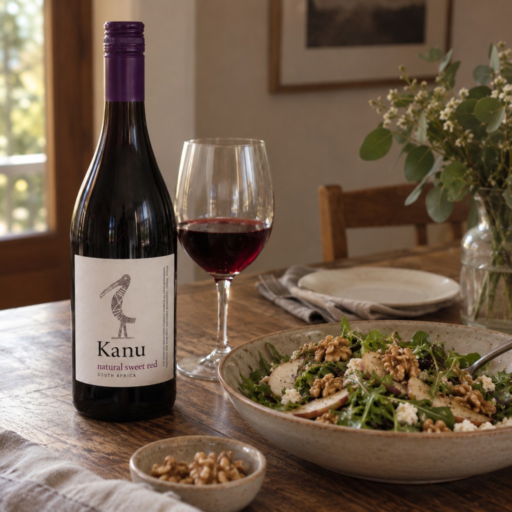 A bottle of Kanu Natural Sweet Red beside a glass of red wine and a pear and walnut salad on a wooden dining table