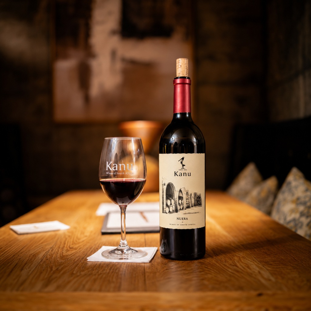 A glass of NuEra beside the bottle on a wooden tasting table in the Kanu cellar
